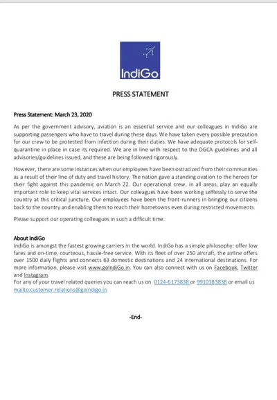 coronavirus  indigo airline staffer faces ostracisation in her locality