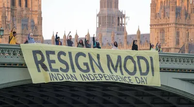 uk based diaspora group marks indian independence day with ‘resign modi’ banner