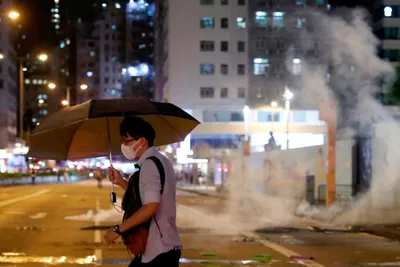 hong kong  ahead of planned protests  police in position at airport